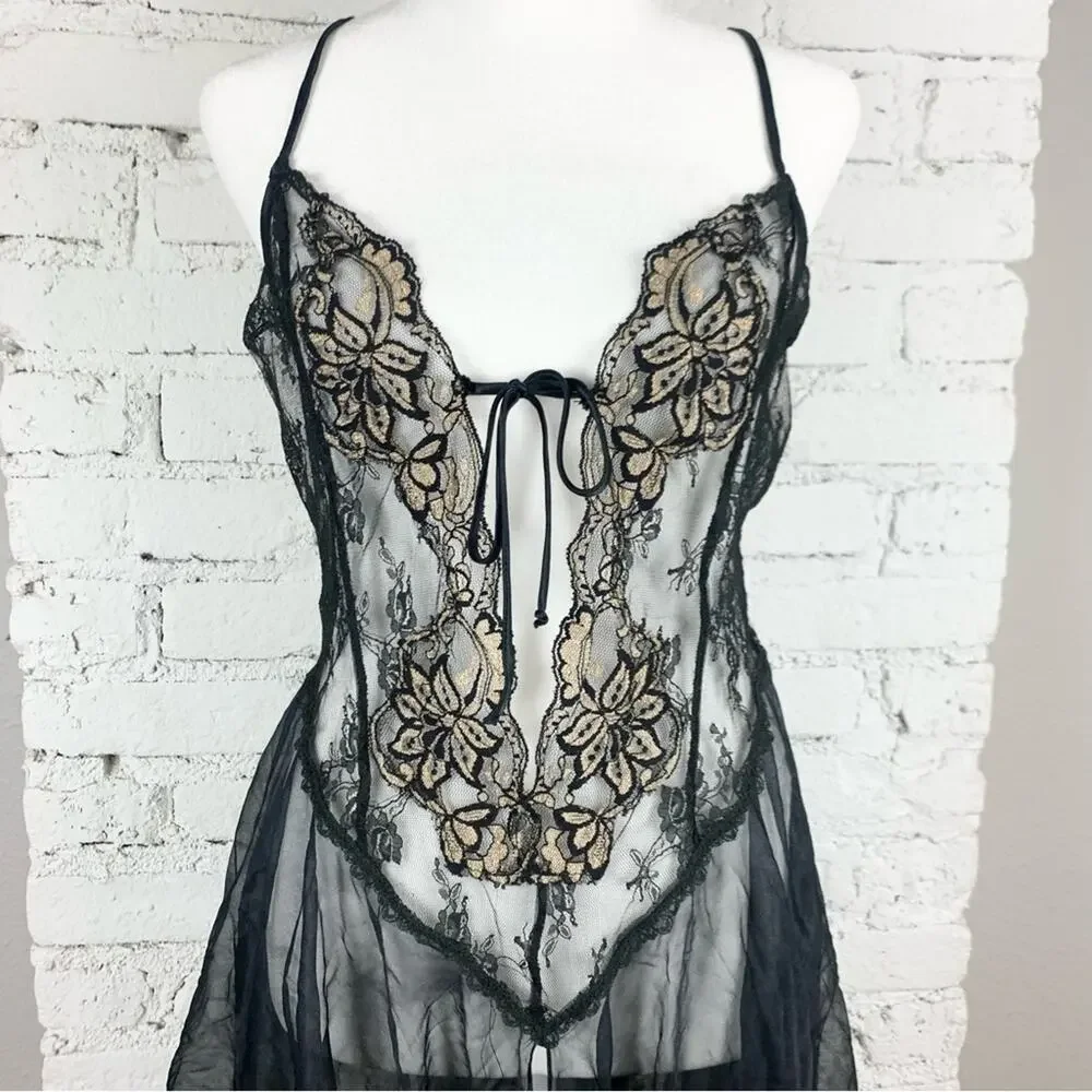 Vintage Tres Chic Nylon Deep V Front Tie Cutout Lace Babydoll Chemise Small - Picture 5 of 9
